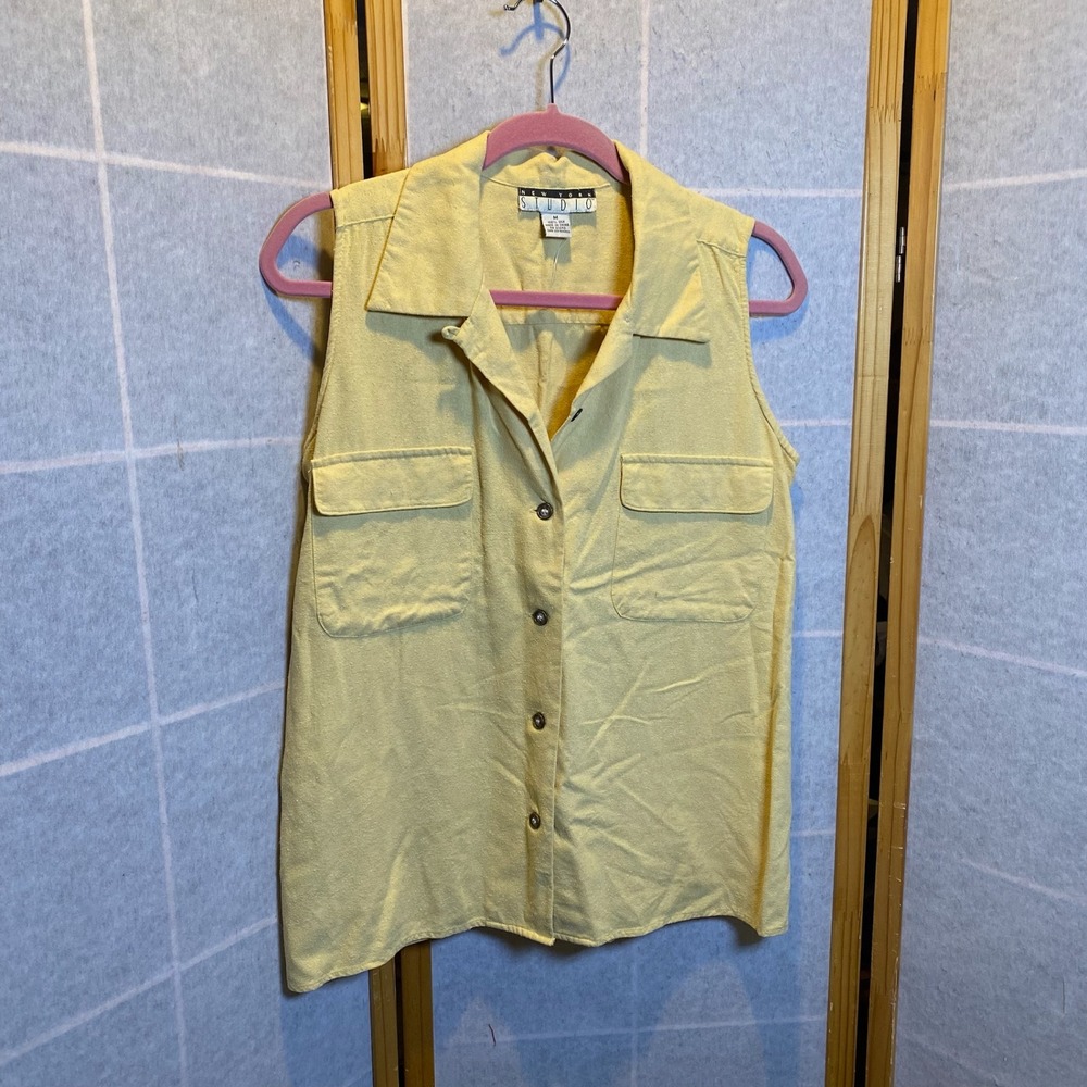 New York‎ Studio Womens Yellow 100% Raw Silk Sleeveless Button Front Blouse Med